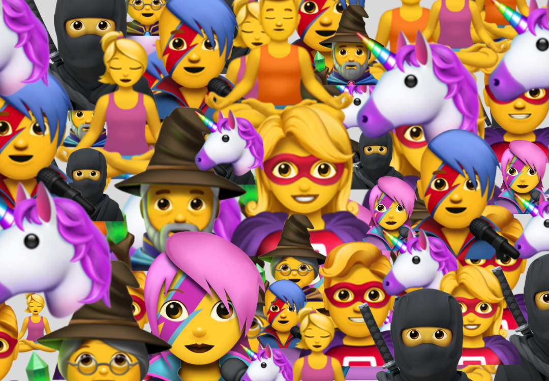 Layered collage of rockstar, unicorn, wizard, yogi, superhero and ninja emojis.