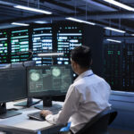 Network engineer reviewing performance dashboards in a data center with server racks in the background.