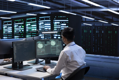Network engineer reviewing performance dashboards in a data center with server racks in the background.