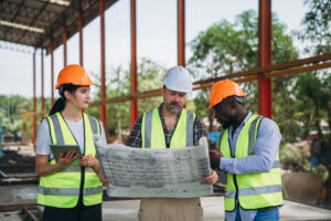 Data center construction staffing team reviewing plans for MEP installation and project turnover