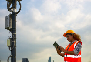RF engineer reviewing wireless network performance data for planning, testing, and optimization
