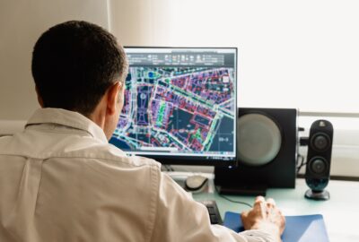 Fiber asset specialist reviewing GIS maps and as-built records for a broadband network