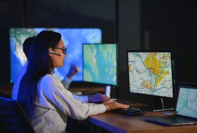OSP GIS analyst reviewing a fiber network map on computer monitors