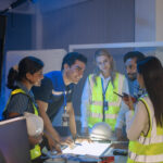 Telecom engineering team reviewing wireless network plans and workforce needs