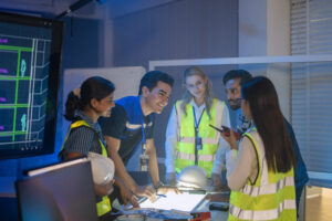 Telecom engineering team reviewing wireless network plans and workforce needs