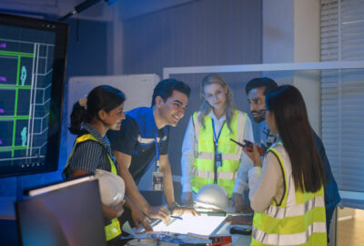 Telecom engineering team reviewing wireless network plans and workforce needs