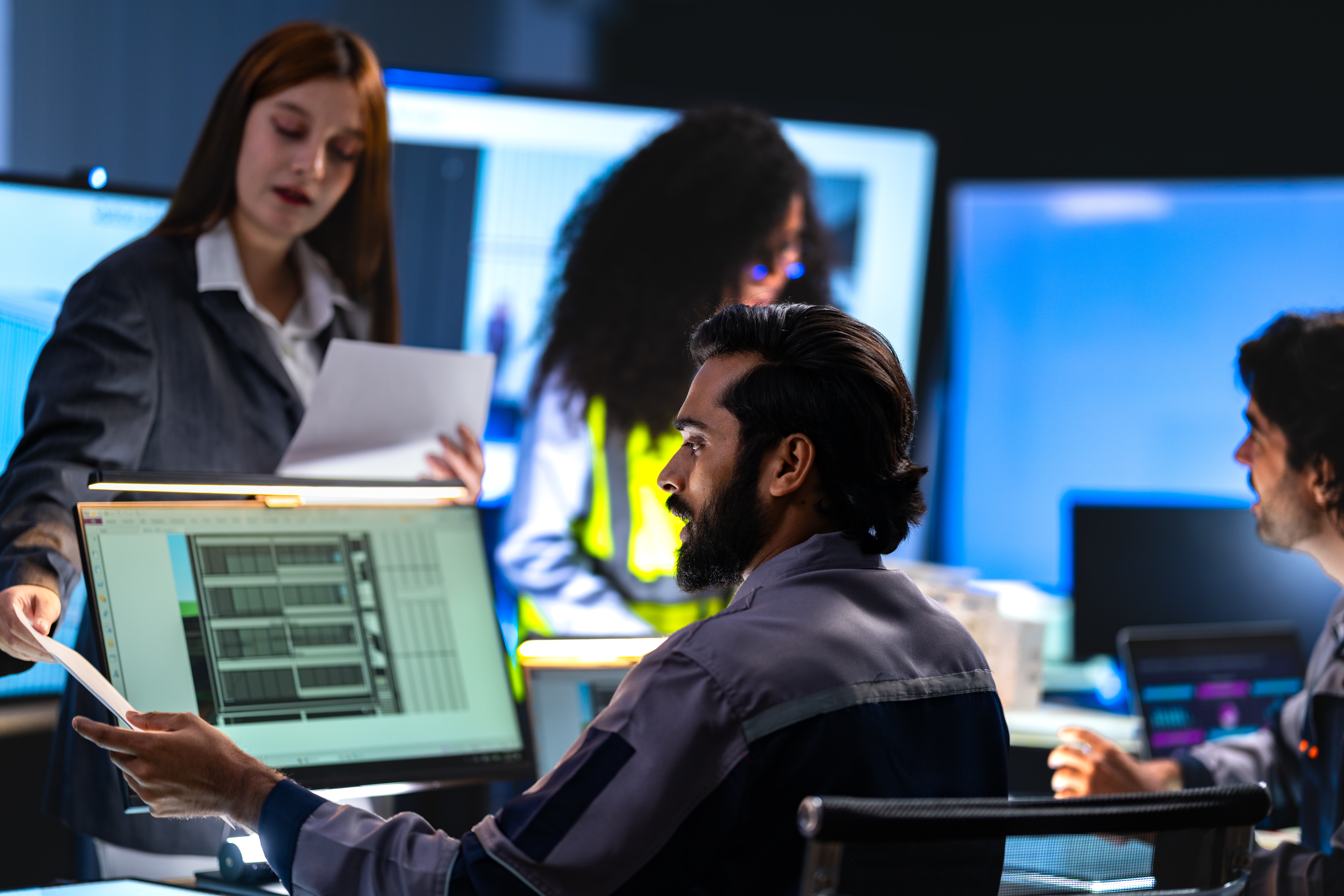 Wireless engineering team reviewing network data for 5G-Advanced operations