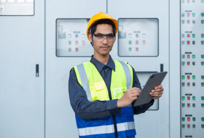 Data center power engineer reviewing switchgear and critical power systems