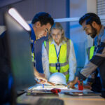 Fiber engineering team reviewing network design plans for a broadband deployment