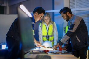 Fiber engineering team reviewing network design plans for a broadband deployment