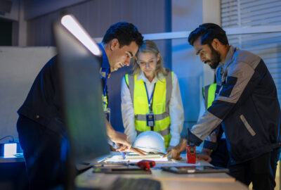 Fiber engineering team reviewing network design plans for a broadband deployment