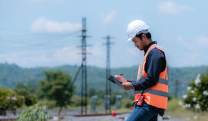 Fiber QA/QC inspector reviewing fiber construction in the field