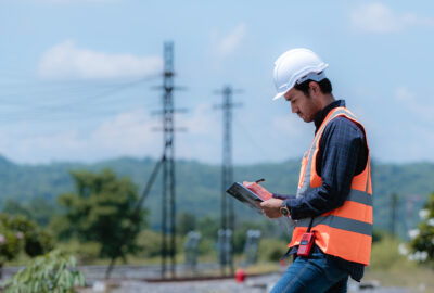 Fiber QA/QC inspector reviewing fiber construction in the field