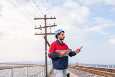 OSP field engineer reviewing fiber route conditions near utility poles