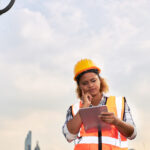 Wireless construction coordinator reviewing project plans at a telecom site