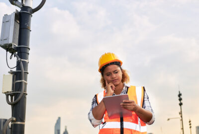 Wireless construction coordinator reviewing project plans at a telecom site