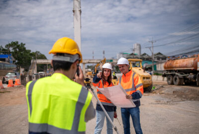 OSP construction coordinator reviewing a fiber construction project in the field