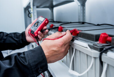 Technician testing a UPS battery string with a digital multimeter in a battery room