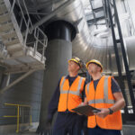 Technicians in safety gear inspecting on-site gas turbine generators that supply power to a data center campus