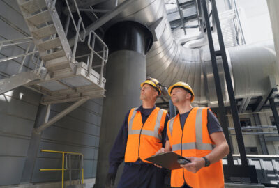 Technicians in safety gear inspecting on-site gas turbine generators that supply power to a data center campus