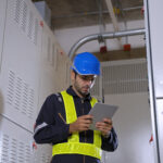 QA/QC inspector in a hard hat reviewing electrical switchgear with a tablet during data center construction