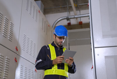 QA/QC inspector in a hard hat reviewing electrical switchgear with a tablet during data center construction