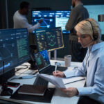 NOC technician with a headset reviewing network topology dashboards while her team works at a wall display